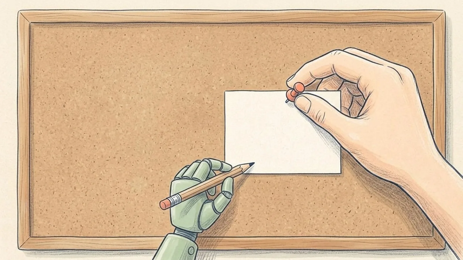 A pencil drawing of a pinboard with an empty job card, a small robot hand with a pencil and a human hand hanging the card.