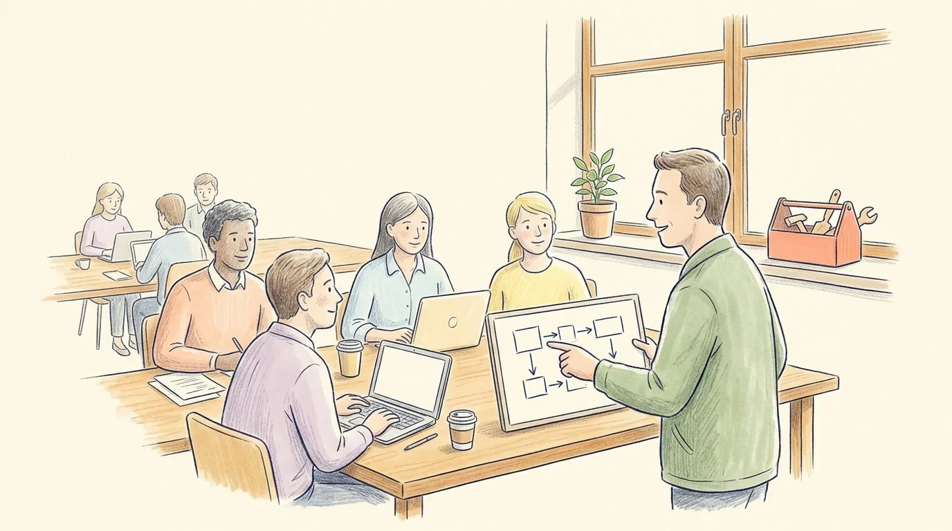 A coloured-pencil drawing with a watercolour wash on cream paper: a man in a green jacket points at a whiteboard with boxes and arrows at a long wooden table in a sunny workspace, colleagues with laptops around the table, a small plant and a red toolbox on the windowsill.